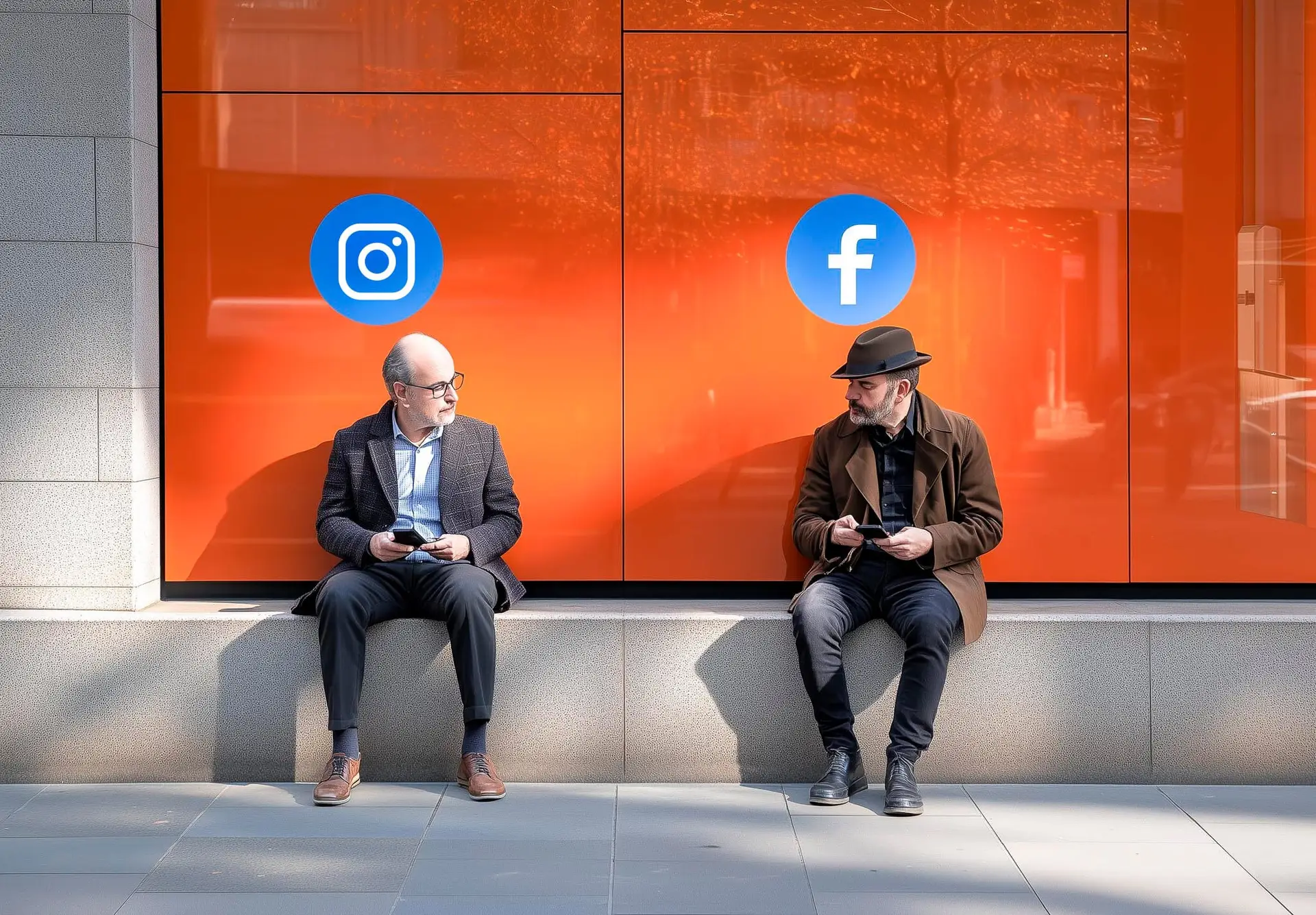 KI-generiertes Bild von zwei Männern, die auf einer Mauer vor einem Geschäft sitzen mit ihren Smartphones in der Hand und den Symboliken Facebook und Twitter